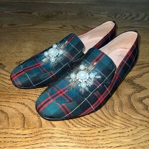 J. Crew Green and Red Flats with Pearl Embellishments